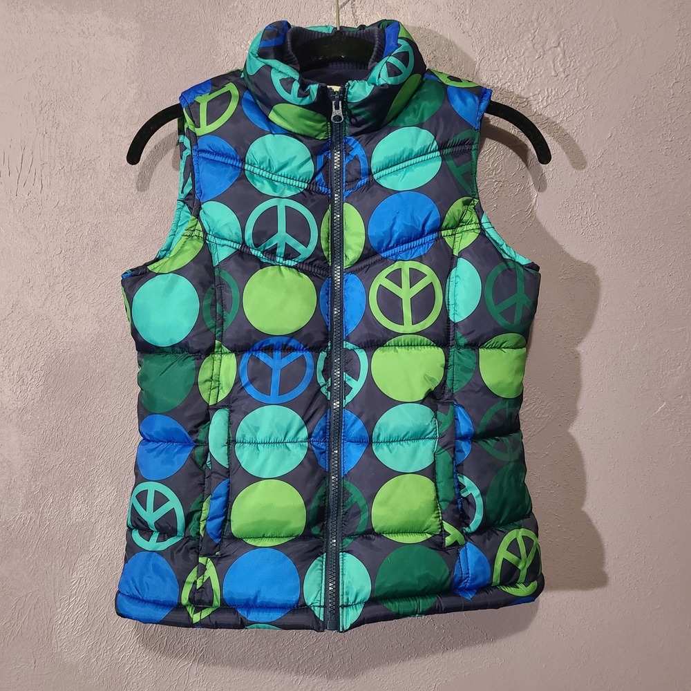 Old Navy Puffer Peace Sign Vest Fleece Lined Girls XL Navy‎ Blue